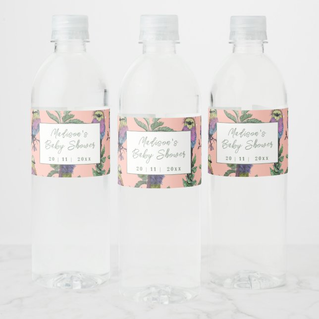 Cute Pink Tropical Bird Safari Baby Shower Water Bottle Label (Bottles)