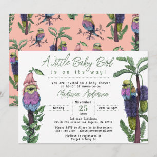 Cute Pink Tropical Birds Safari Themed Baby Shower Invitation