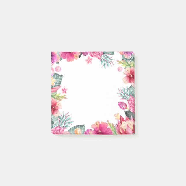 Cute pink tropical floral and foliage frame post-it notes (Front)