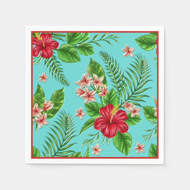 Cute Pink Tropical Hibiscus Flower On Turquoise Napkin (Front)