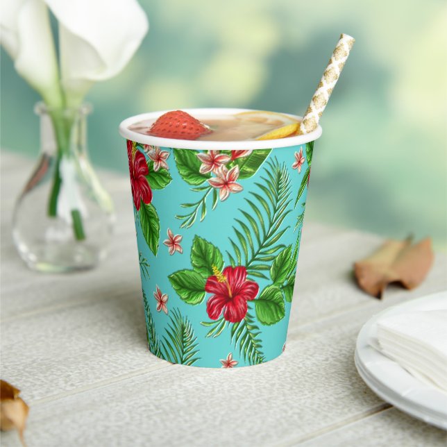 Cute Pink Tropical Hibiscus Flower On Turquoise Paper Cups (Insitu)