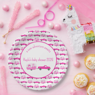 Cute Pink Truck & Trailer RV Adventure Baby Shower Paper Plate