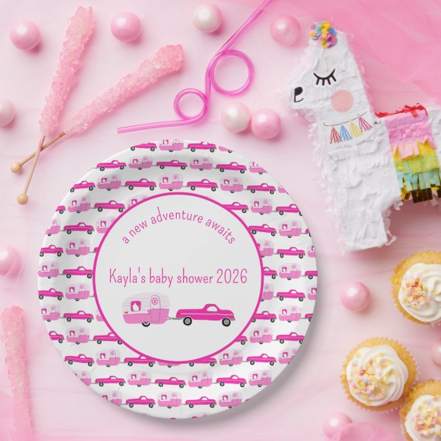 Cute Pink Truck & Trailer RV Adventure Baby Shower Paper Plate (Party)
