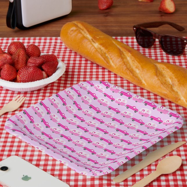 Cute Pink Truck & Trailer RV Adventure  Paper Plate (Picnic)