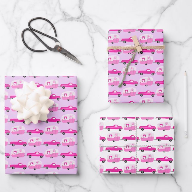 Cute Pink Truck & Trailer RV Adventure  Wrapping Paper Sheet (Front)
