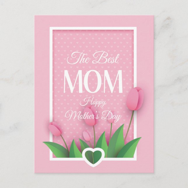 Cute Pink Tulip and White Hearts Mother's Day Holiday Postcard (Front)