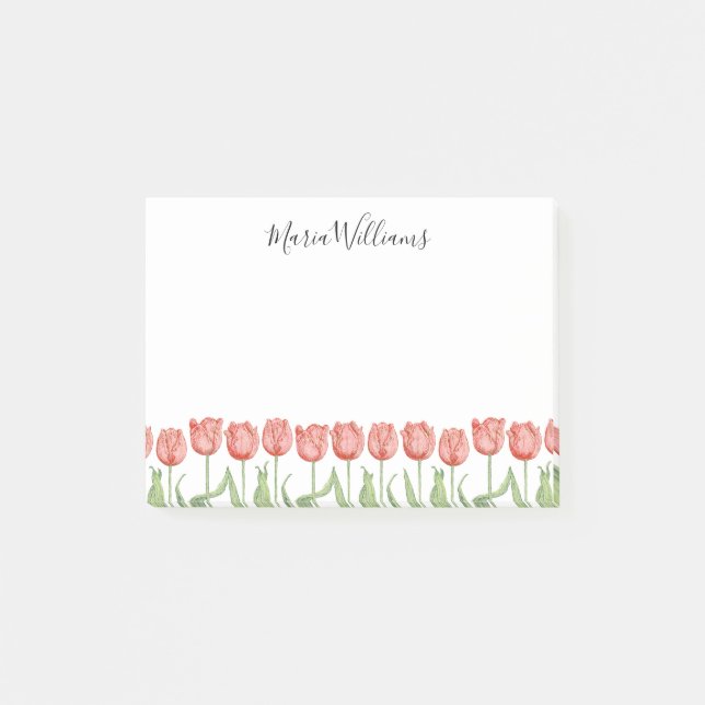 Cute Pink Tulip Garden Personalised 4x3 Post-it Notes (Front)
