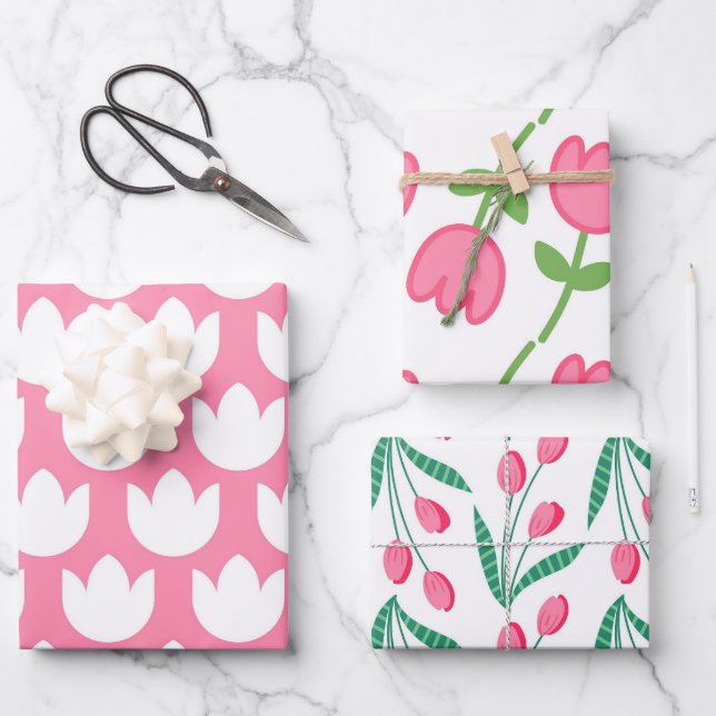 Cute Pink Tulip Wrapping Paper Sheet (Front)