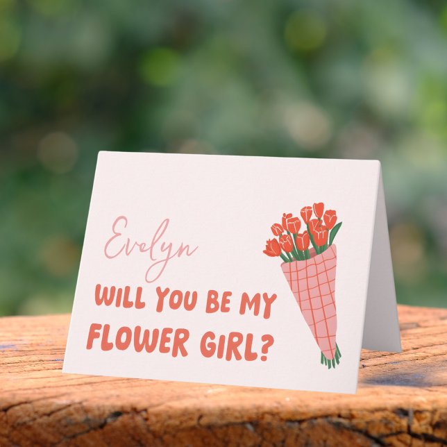 Cute Pink Tulips Personalised Flower Girl Proposal Card (Ask your little flower girl in the cutest way with this personalized card featuring sweet flowers.)