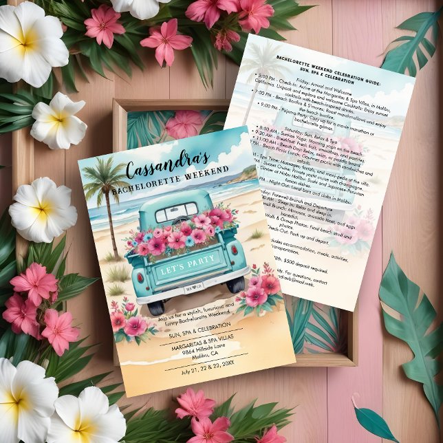 Cute Pink Turquoise Floral Van Beach Bachelorette Invitation (Cute Pink & Turquoise Floral Van in Beach Bachelorette Weekend Invitations Cards and Plans.)