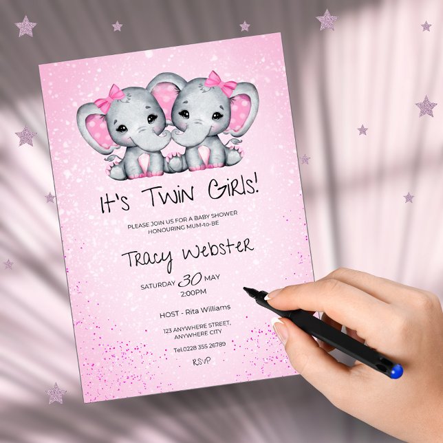 Cute, Pink Twin Baby Elephants Baby Shower  Invitation (Creator Uploaded)