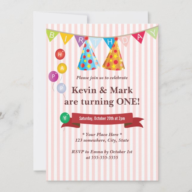 Cute Pink Twin Boys Birthday Party Invitations (Front)