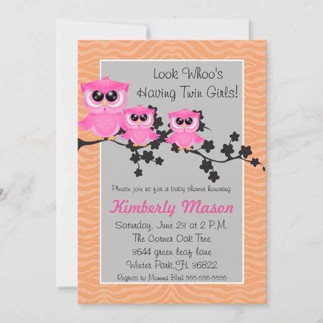 Cute Pink Twin Girl Owl Baby Shower Invitation (Front)
