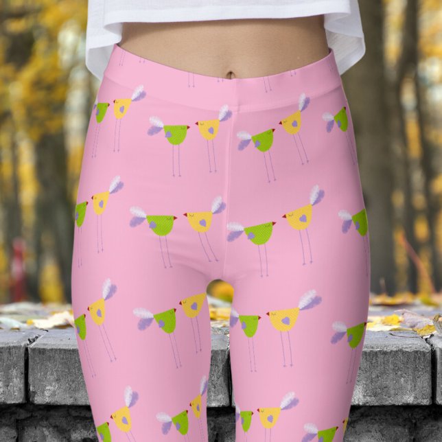 Cute Pink Two Little Birds Pattern Leggings (Two Little Birds on Light Pink)