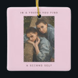 Cute Pink Two Photo Snowfall Best Friends Photo Ceramic Ornament<br><div class="desc">Minimalist Cute Pink Two Photo Snowfall Best Friends Photo Christmas Ceramic Ornament keepsake featuring your personalised photos (squared, landscape or portrait, horizontal or vertical) into snowflakes frame and with white noise film vintage overlay, and your customised holiday, name and text in stylish and modern sans serif font, the font style...</div>