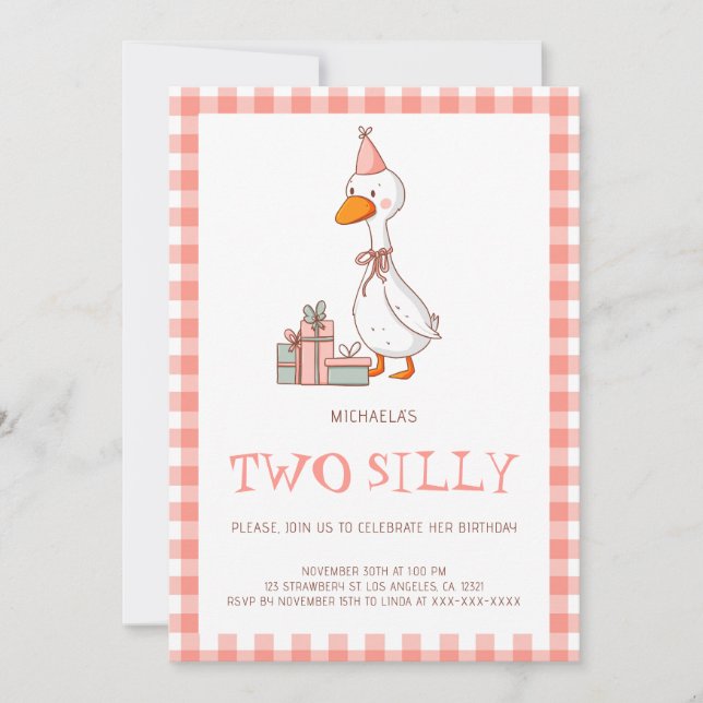 Cute Pink Two Silly Goose Birthday Invitation (Front)