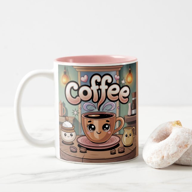 Cute Pink Two-Tone Steaming Coffee Mug (With Donut)