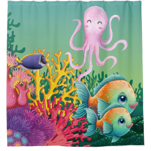 Cute Pink Under The Sea Octopus Shower Curtain (Front)