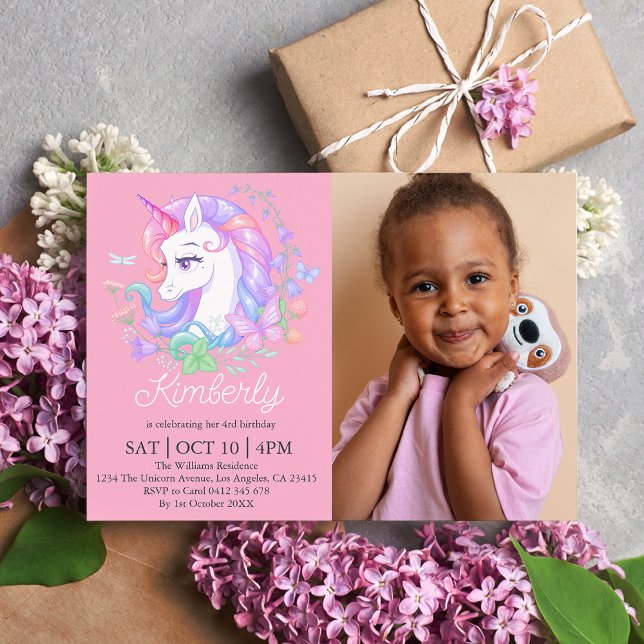 Cute Pink Unicorn All Ages Photo Kids Birthday  Invitation (Creator Uploaded)