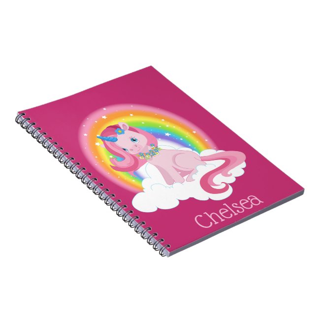 Cute Pink Unicorn and Rainbow Personalised Notebook (Right Side)