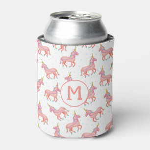 Cute Pink Unicorn and Stars Pattern   Monogrammed Can Cooler