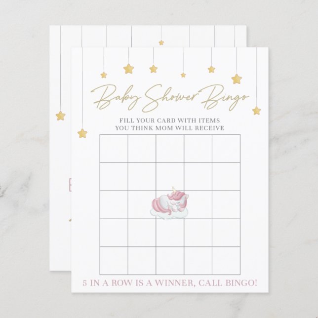 Cute Pink Unicorn Baby Shower Bingo Game (Front/Back)