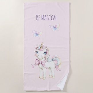 Cute Pink Unicorn Butterflies Be Magical Beach Towel