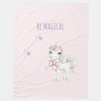 Cute Pink Unicorn Butterflies Be Magical Fleece Blanket
