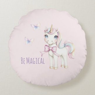Cute Pink Unicorn Butterflies Be Magical Round Cushion
