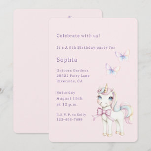 Cute Pink Unicorn Butterflies Birthday Invitation