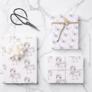Cute Pink Unicorn Butterflies Birthday Wrapping Paper Sheet