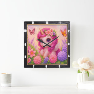 Cute Pink Unicorn Butterfly Square Wall Clock