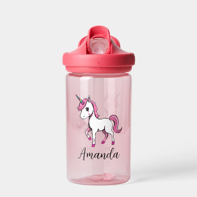 Cute Pink Unicorn Cartoon Name Water Bottle (Front)