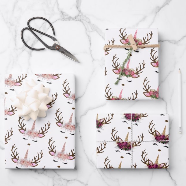 Cute Pink Unicorn Christmas Patters Pink   Wrapping Paper Sheet (Front)