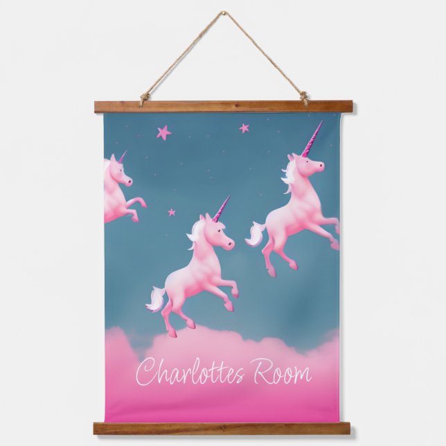 Cute Pink Unicorn Dreams Hanging Tapestry (Front)