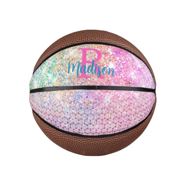 Cute Pink unicorn faux glitter monogram Mini Basketball (Front)