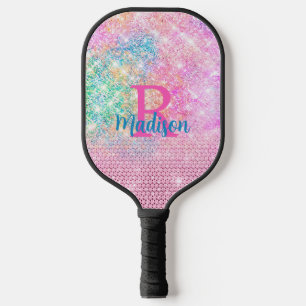 Cute Pink unicorn faux glitter monogram Pickleball Paddle
