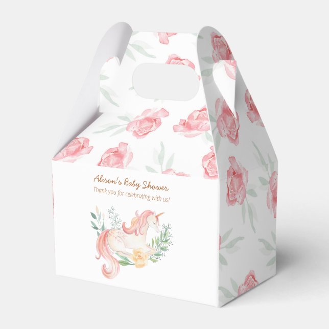Cute Pink Unicorn Floral Greenery Baby Shower Favo Favour Box (Front Side)