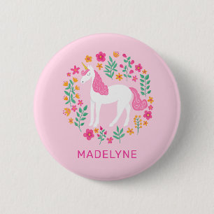 Cute Pink Unicorn Flowers Name Tag 6 Cm Round Badge