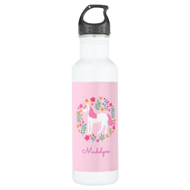 Cute Pink Unicorn Flowers Personalised Name 710 Ml Water Bottle (Front)