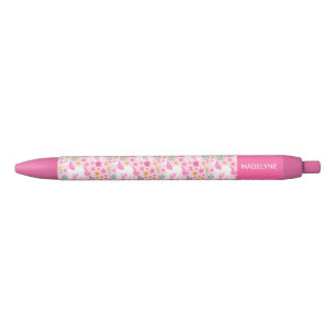 Cute Pink Unicorn Flowers Personalised Name Black Ink Pen