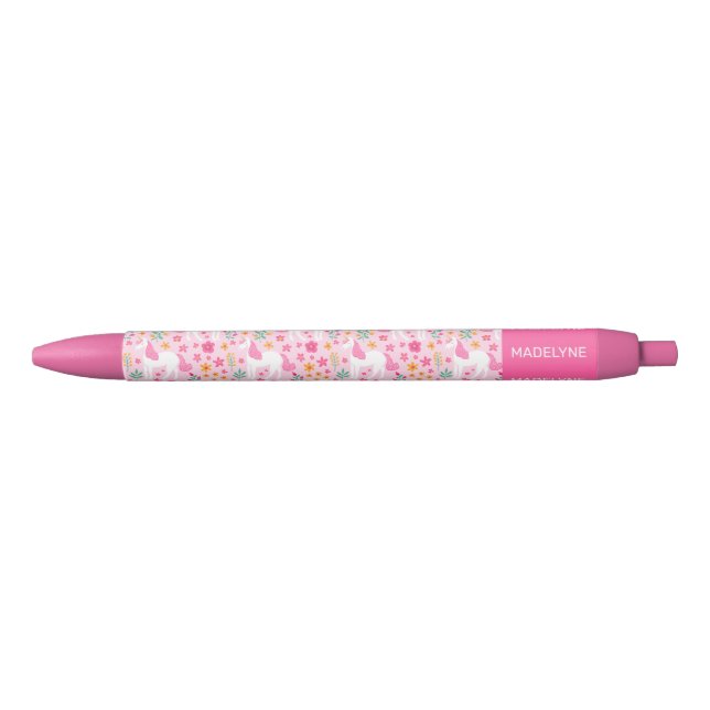 Cute Pink Unicorn Flowers Personalised Name Black Ink Pen (Front)