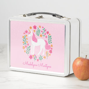 Cute Pink Unicorn Flowers Personalised Name Metal Lunch Box