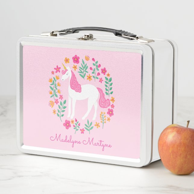 Cute Pink Unicorn Flowers Personalised Name Metal Lunch Box (In Situ)