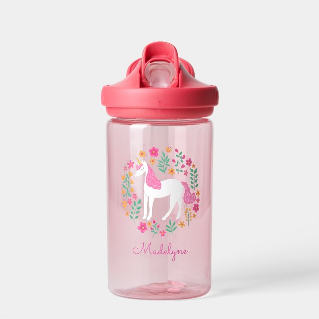 Cute Pink Unicorn Flowers Personalised Name Water Bottle (Front)