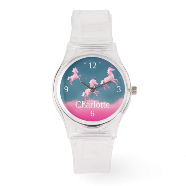 Cute Pink Unicorn Flying Personalised Silicone Watch (Front)
