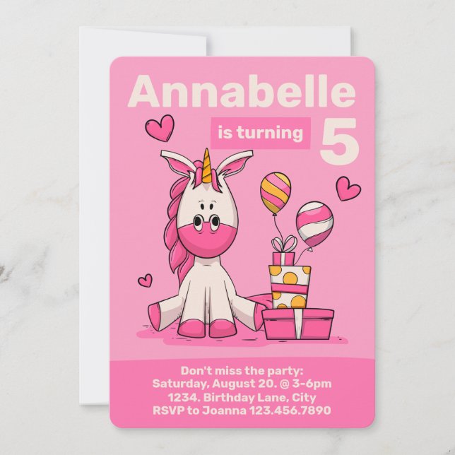 Cute Pink Unicorn Girl Birthday Party Invitation (Front)