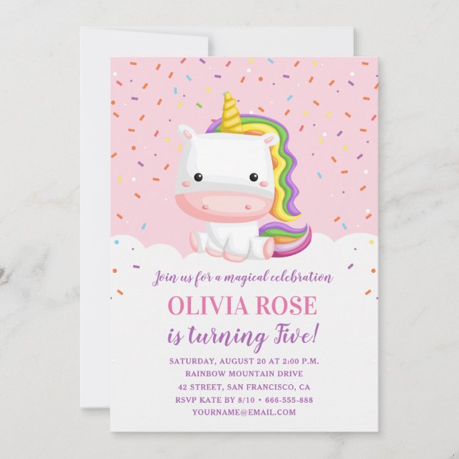 Cute Pink Unicorn Girl Birthday Party Invitation (Front)