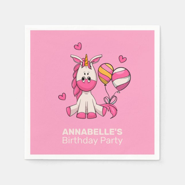 Cute Pink Unicorn Girl Birthday Party Napkin (Front)