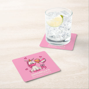 Cute Pink Unicorn Girl Birthday Party Square Paper Coaster